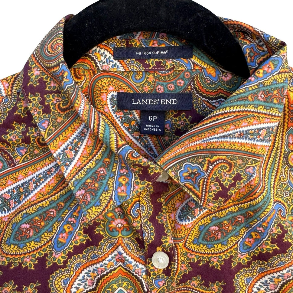 Lands End No Iron Supima Cotton Paisley Button Down Shirt Brown Boho Preppy 6P