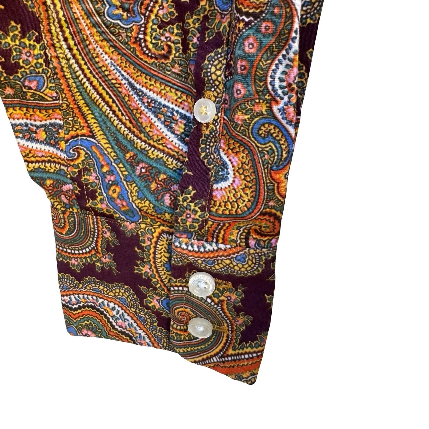 Lands End No Iron Supima Cotton Paisley Button Down Shirt Brown Boho Preppy 6P