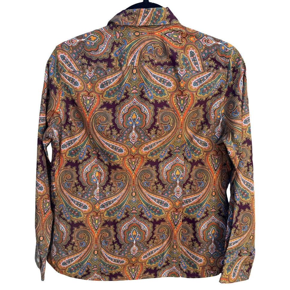 Lands End No Iron Supima Cotton Paisley Button Down Shirt Brown Boho Preppy 6P