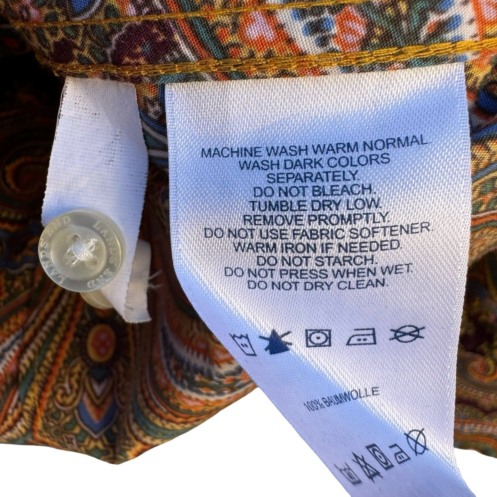 Lands End No Iron Supima Cotton Paisley Button Down Shirt Brown Boho Preppy 6P