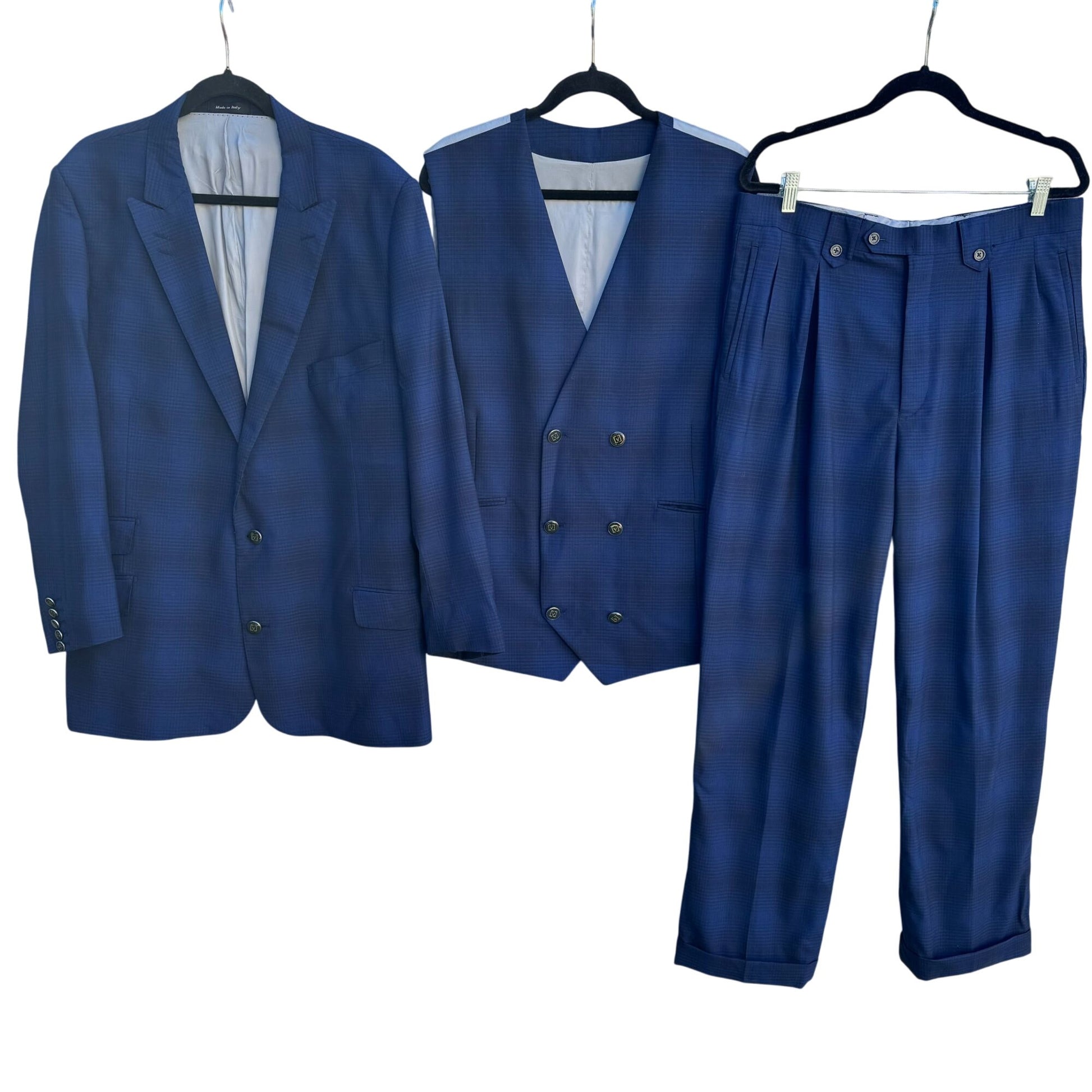 Sergio Valentino Firenze Mens Navy Checkered Wool 3 Piece Suit Vest Pants Set 42L