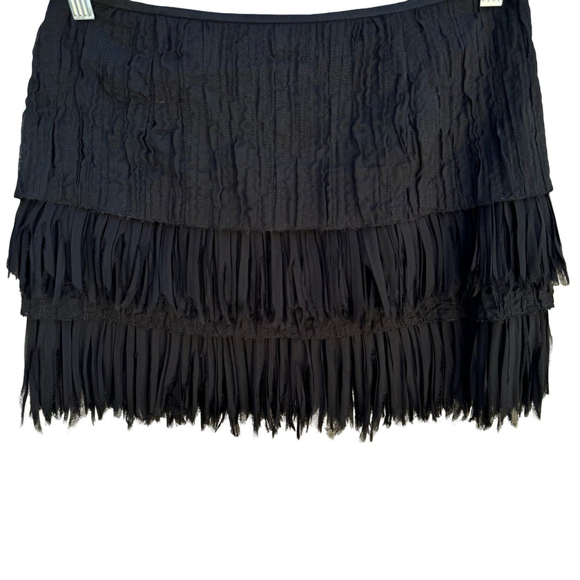 Zara Woman Linen Tiered Raw Edge Fringe Mini Skirt Ruched Gatsby Party Flapper S