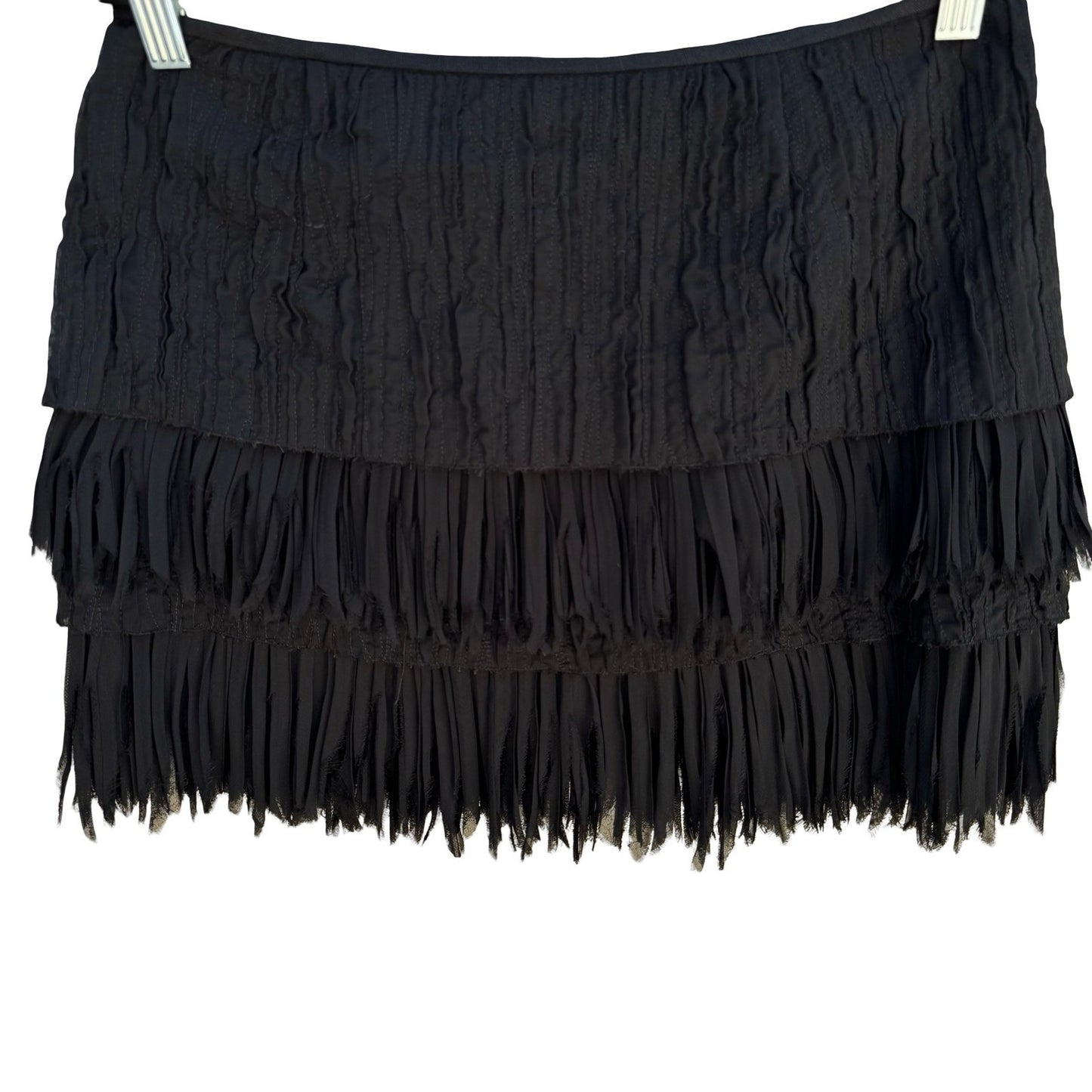 Zara Woman Linen Tiered Raw Edge Fringe Mini Skirt Ruched Gatsby Party Flapper S