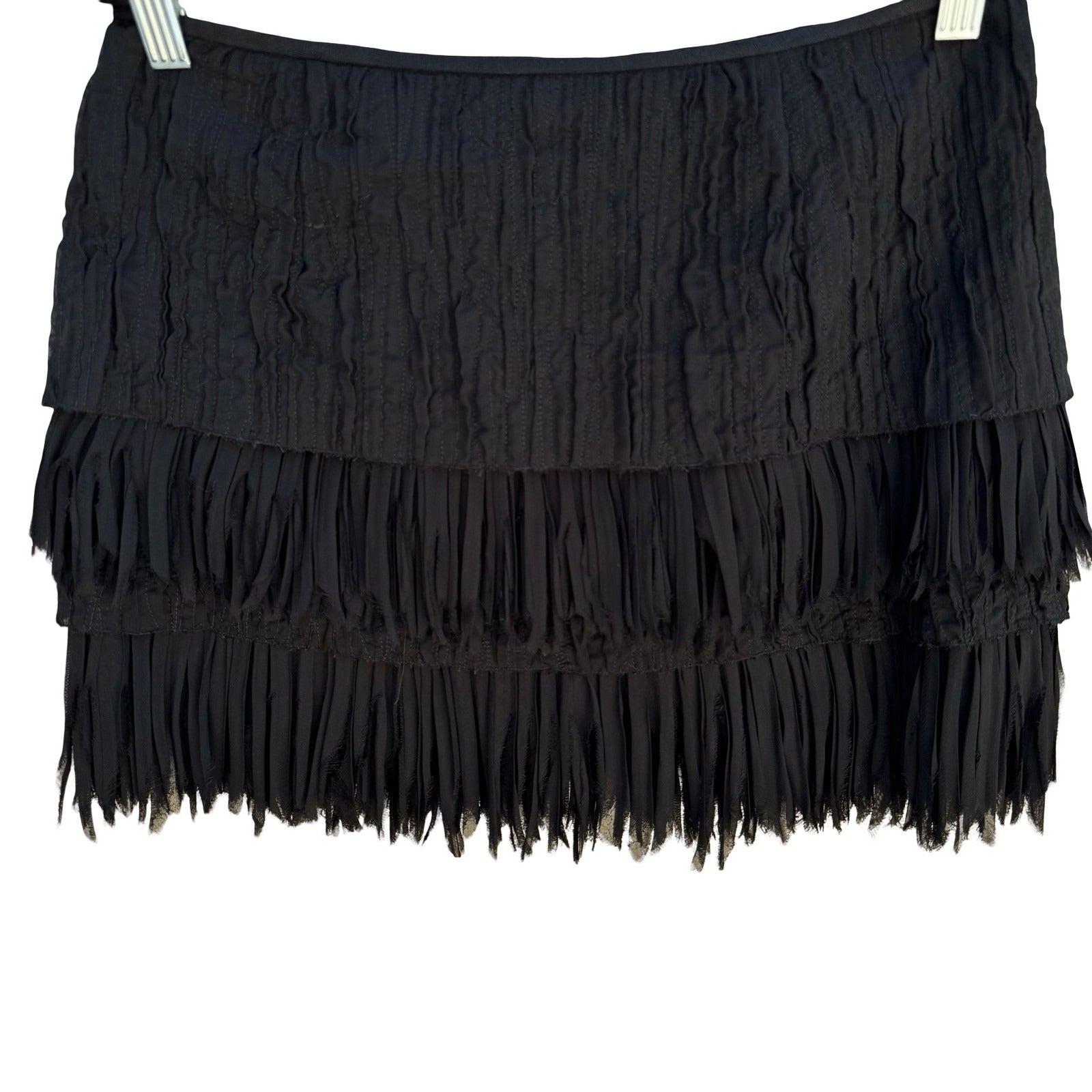 Zara Woman Linen Tiered Raw Edge Fringe Mini Skirt Ruched Gatsby Party Flapper S