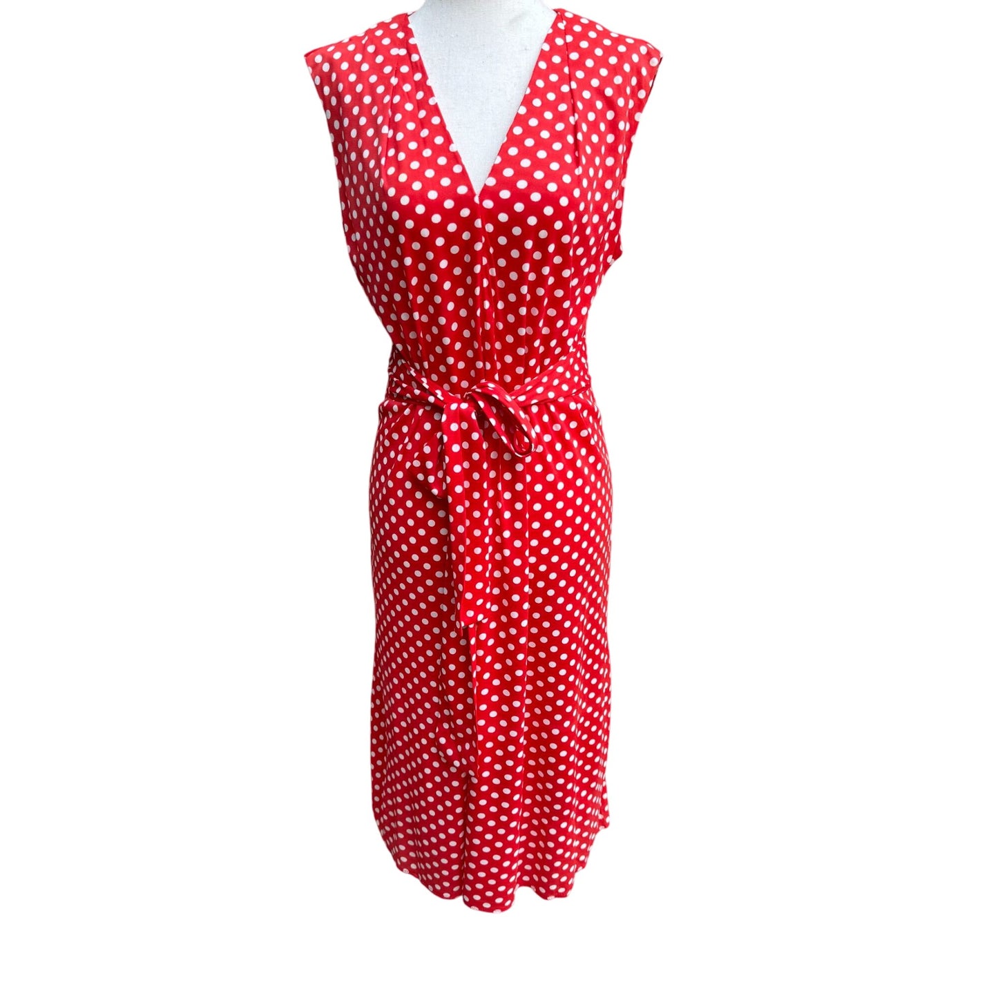 Vintage Womens Red & White Polka Dot V Neck Tie Waist Sleeveless Midi Dress