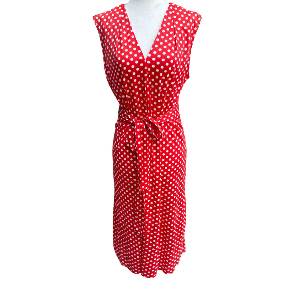 Vintage Womens Red & White Polka Dot V Neck Tie Waist Sleeveless Midi Dress