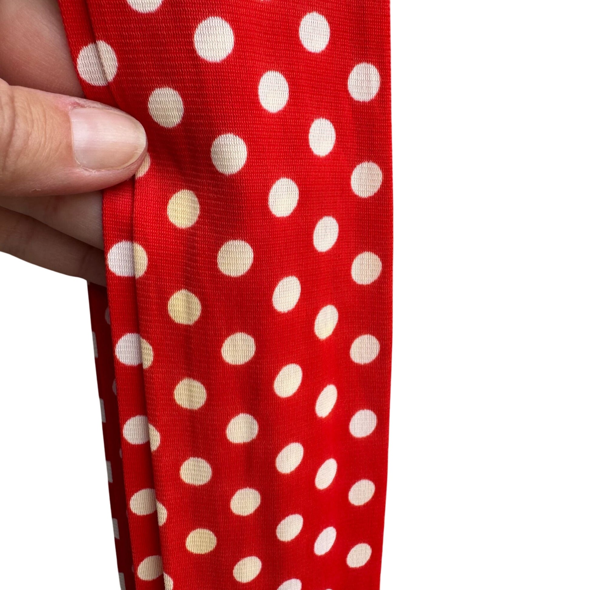 Vintage Womens Red & White Polka Dot V Neck Tie Waist Sleeveless Midi Dress