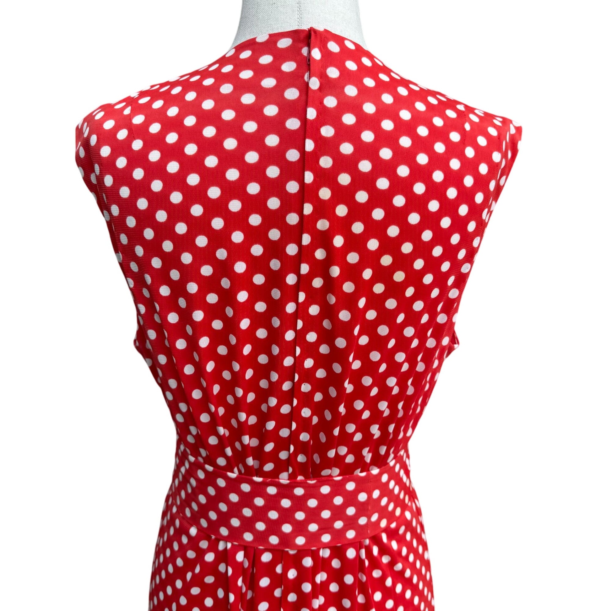 Vintage Womens Red & White Polka Dot V Neck Tie Waist Sleeveless Midi Dress
