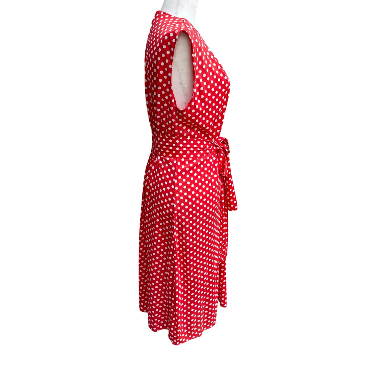 Vintage Womens Red & White Polka Dot V Neck Tie Waist Sleeveless Midi Dress