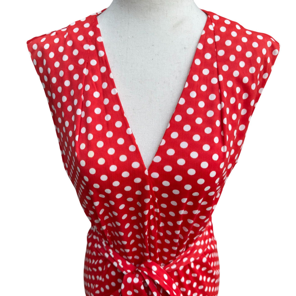 Vintage Womens Red & White Polka Dot V Neck Tie Waist Sleeveless Midi Dress