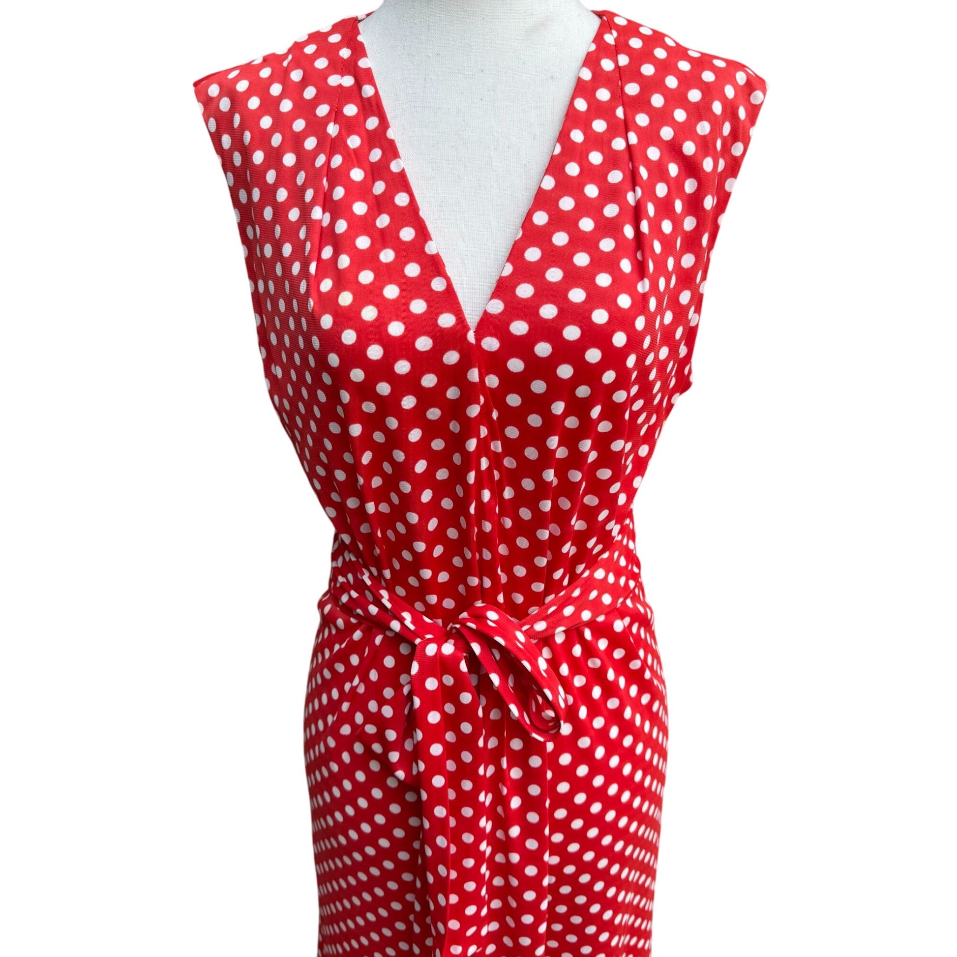 Vintage Womens Red & White Polka Dot V Neck Tie Waist Sleeveless Midi Dress