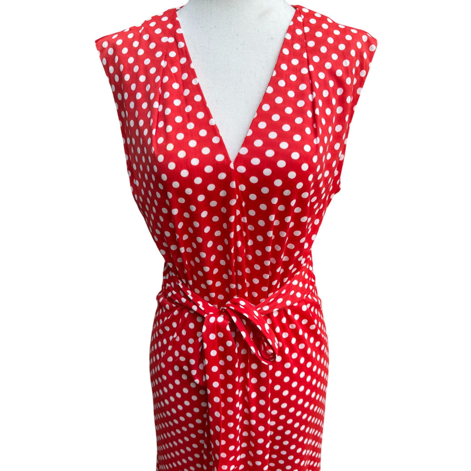Vintage Womens Red & White Polka Dot V Neck Tie Waist Sleeveless Midi Dress