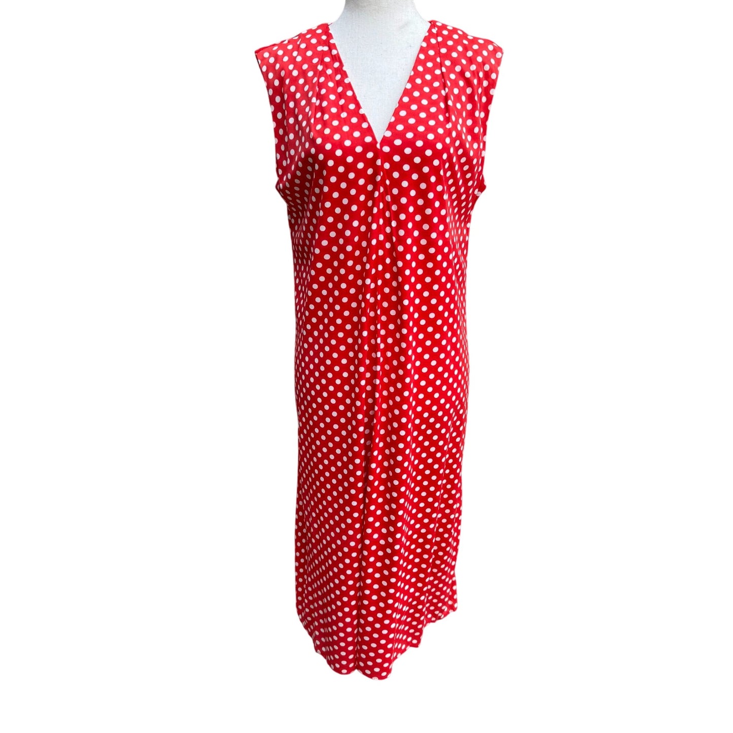 Vintage Womens Red & White Polka Dot V Neck Tie Waist Sleeveless Midi Dress