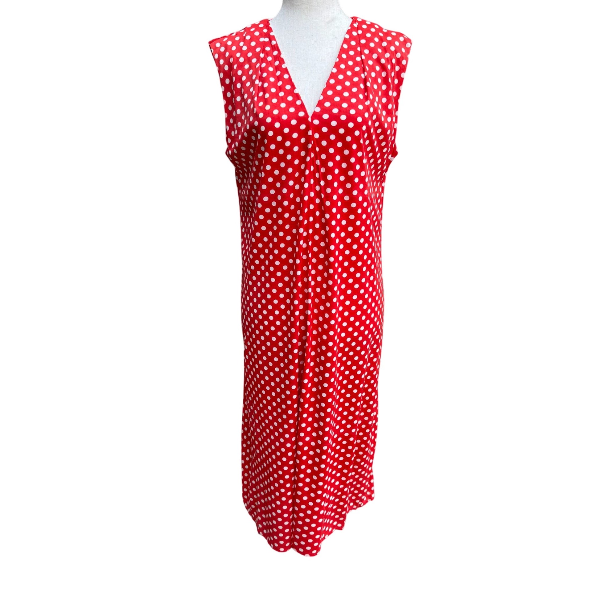 Vintage Womens Red & White Polka Dot V Neck Tie Waist Sleeveless Midi Dress