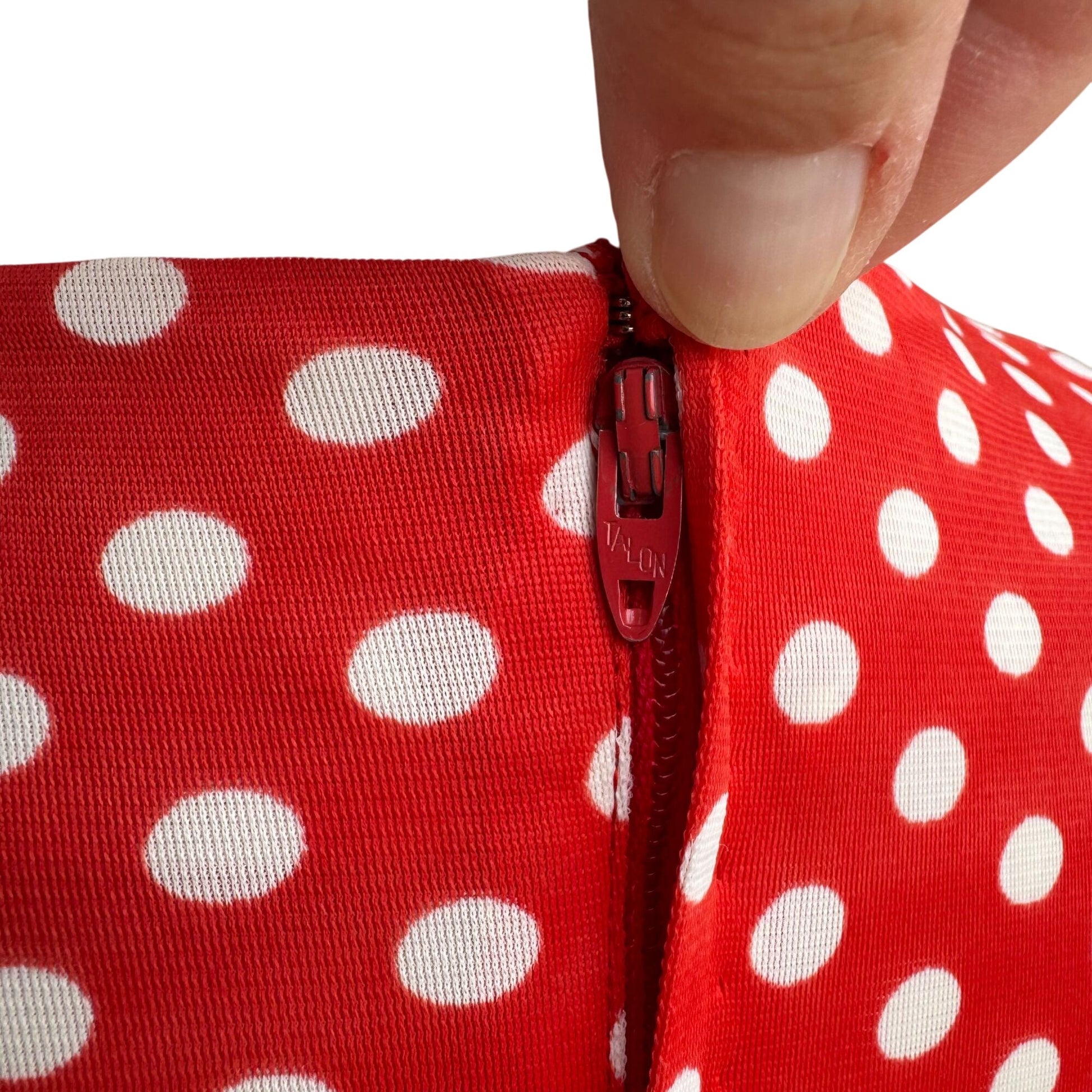 Vintage Womens Red & White Polka Dot V Neck Tie Waist Sleeveless Midi Dress