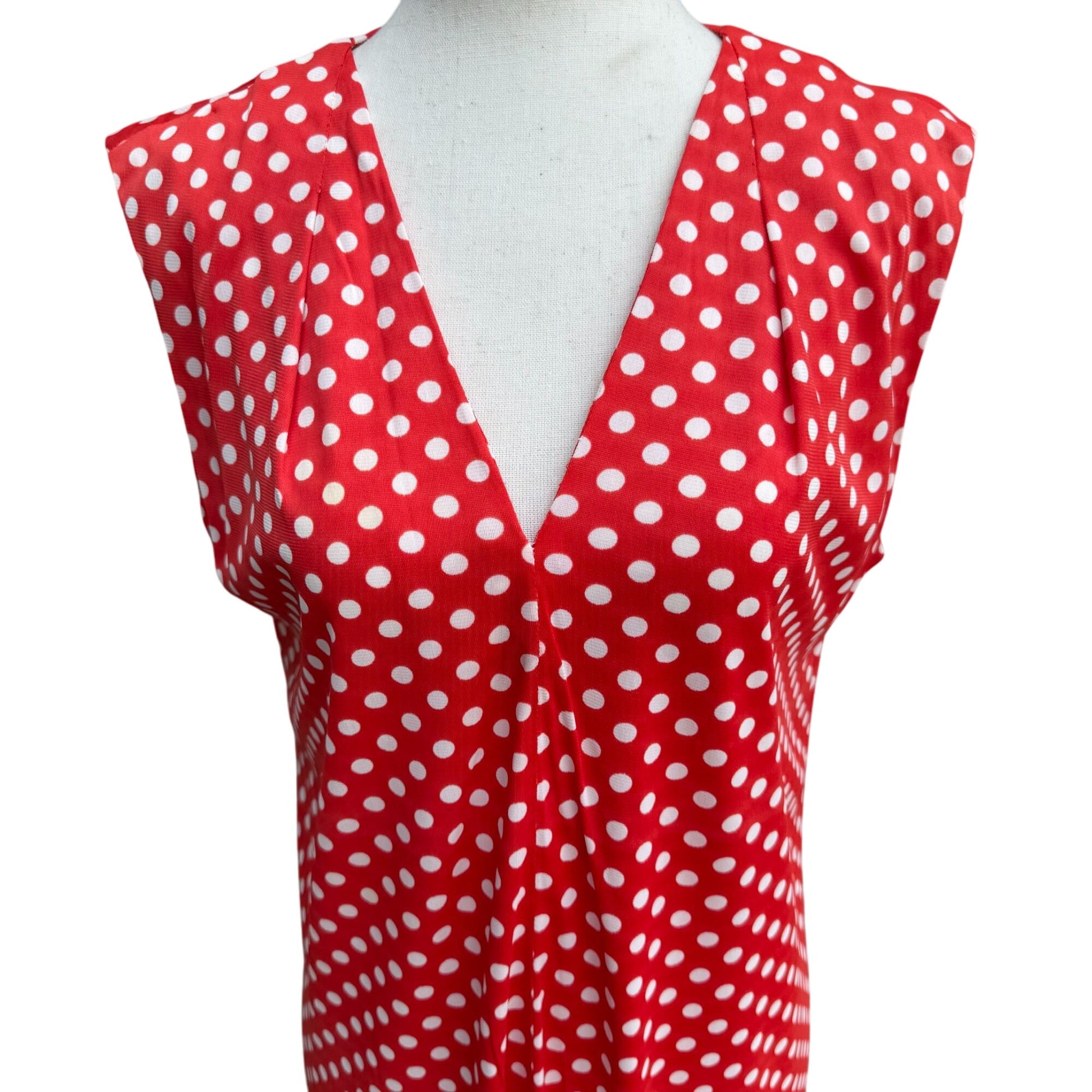 Vintage Womens Red & White Polka Dot V Neck Tie Waist Sleeveless Midi Dress