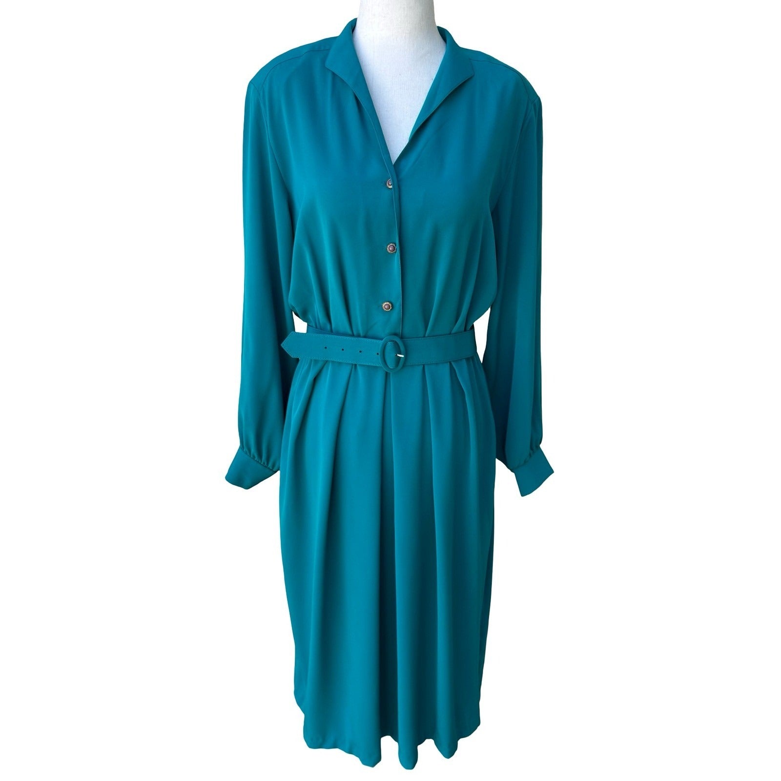 Petites by Willi Vintage 80s Secretary Power Dressing Belted Midi Shirt Dress 12