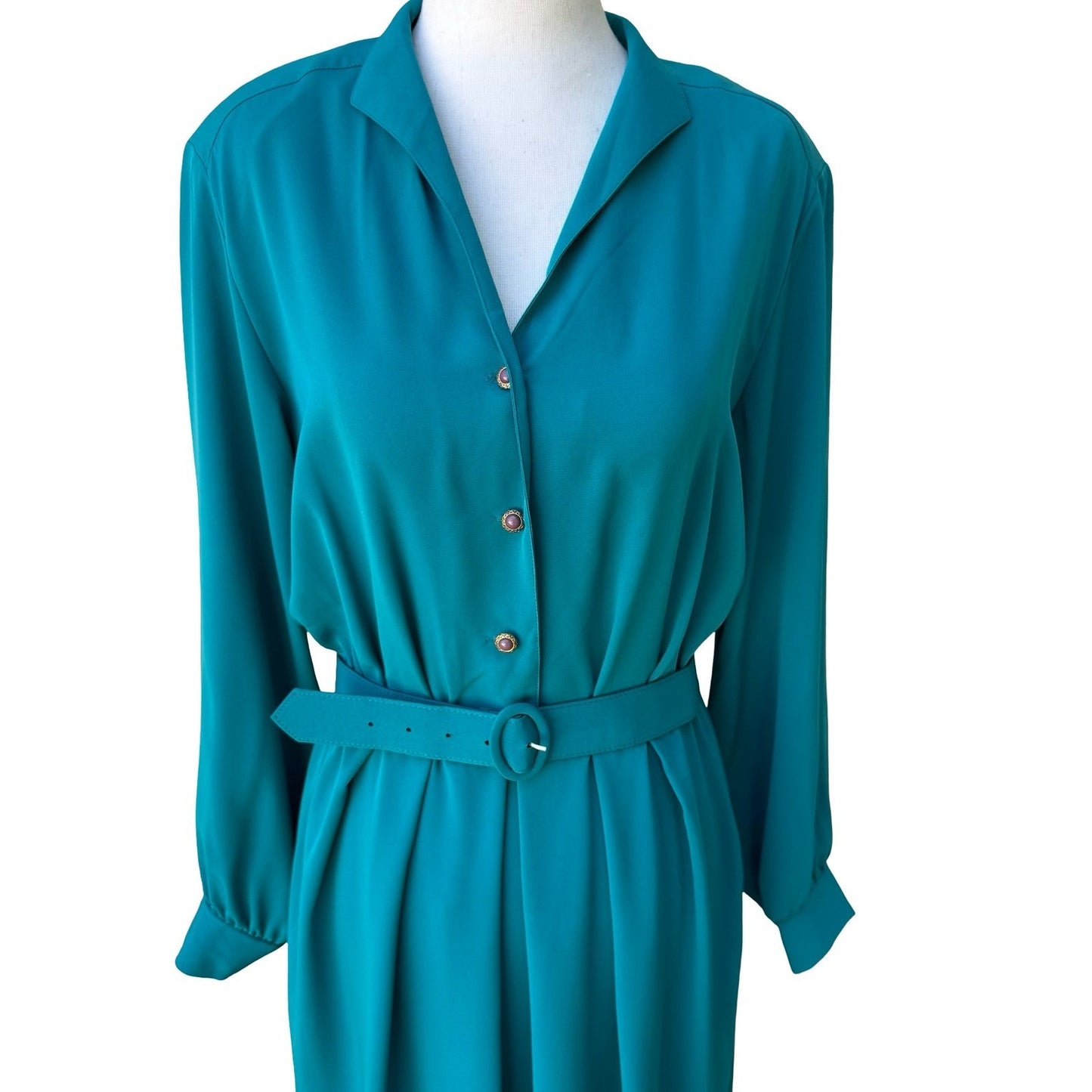 Petites by Willi Vintage 80s Secretary Power Dressing Belted Midi Shirt Dress 12