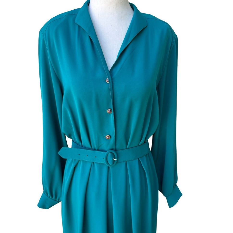 Petites by Willi Vintage 80s Secretary Power Dressing Belted Midi Shirt Dress 12