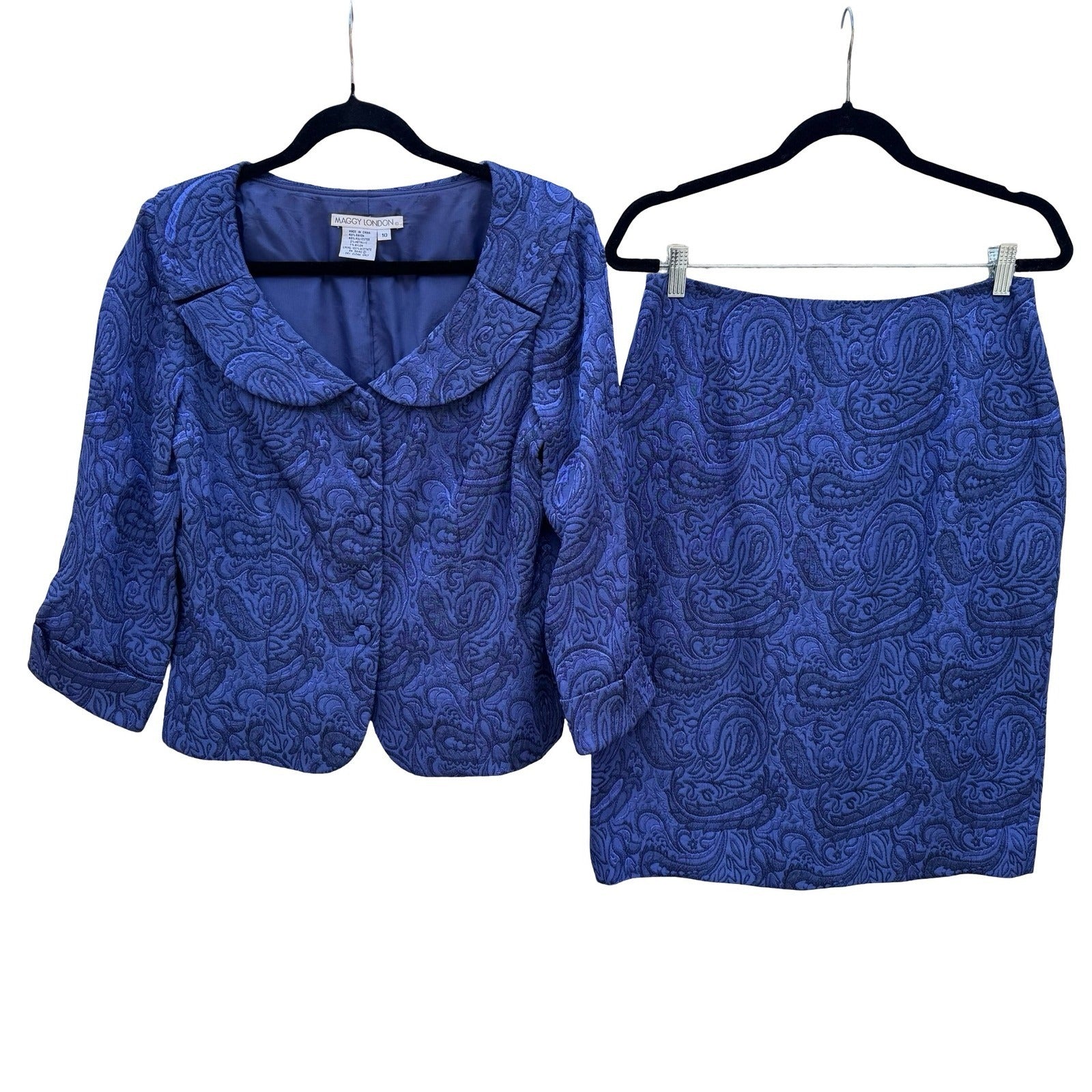 Maggy London Womens Blue Paisley Jacquard 2 Piece Skirt Suit Set Size 10 Vintage