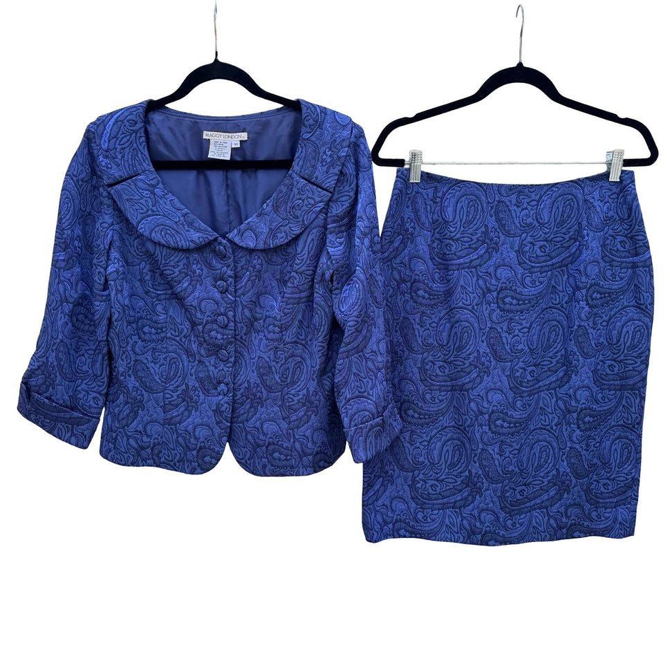 Maggy London Womens Blue Paisley Jacquard 2 Piece Skirt Suit Set Size 10 Vintage