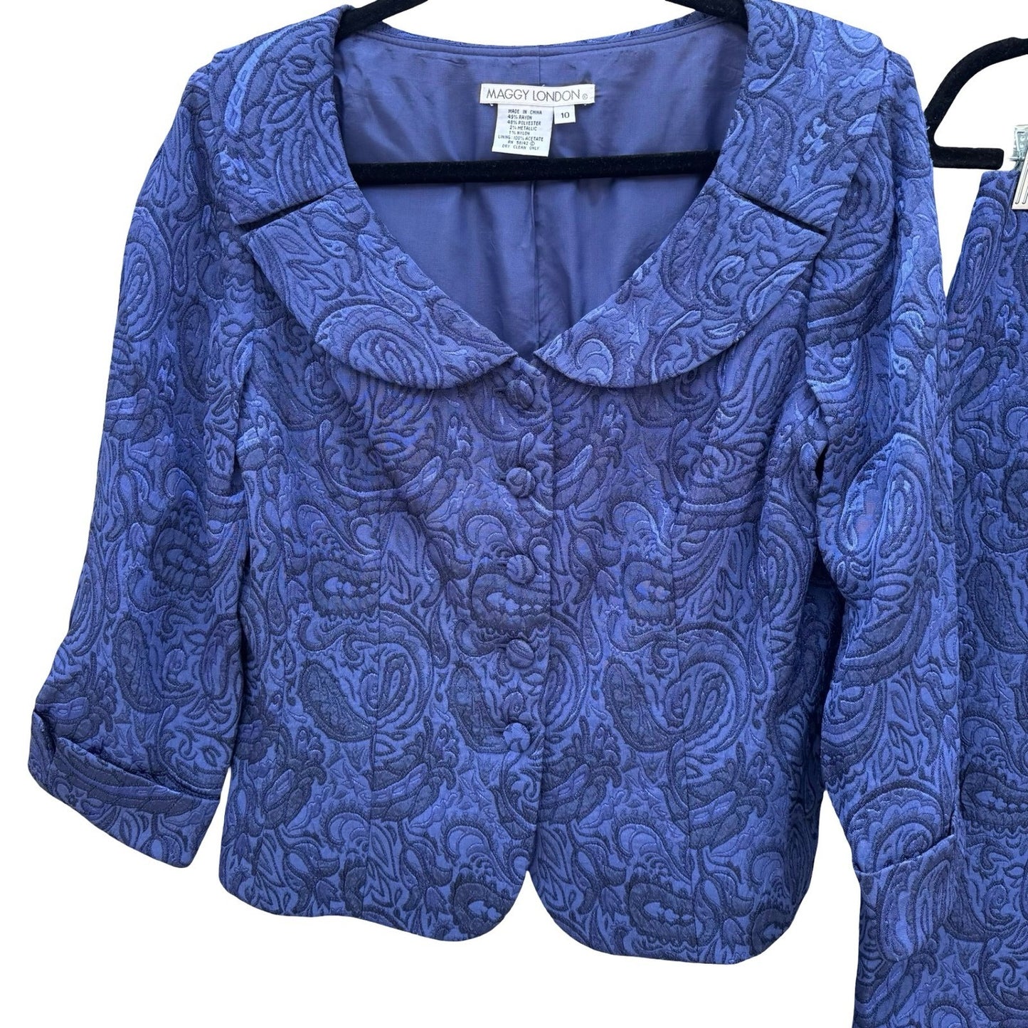 Maggy London Womens Blue Paisley Jacquard 2 Piece Skirt Suit Set Size 10 Vintage