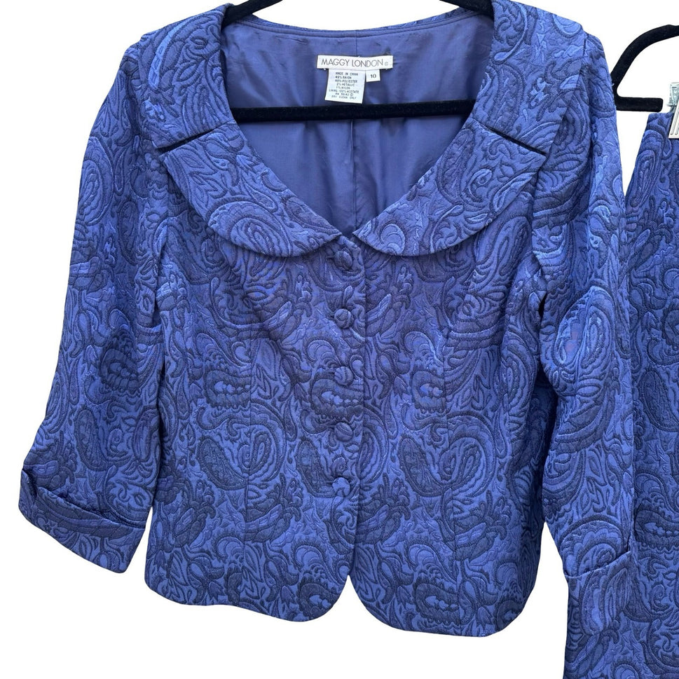 Maggy London Womens Blue Paisley Jacquard 2 Piece Skirt Suit Set Size 10 Vintage