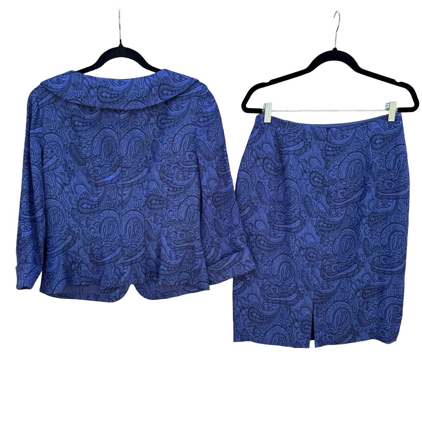 Maggy London Womens Blue Paisley Jacquard 2 Piece Skirt Suit Set Size 10 Vintage