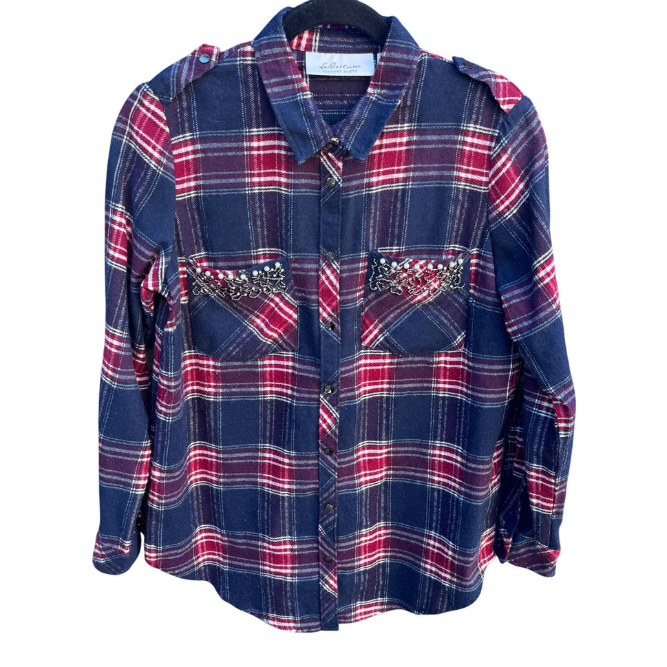 LaBellum Hillary Scott Womens Plaid Button Snap Western Rhinestone Pearl Shirt S