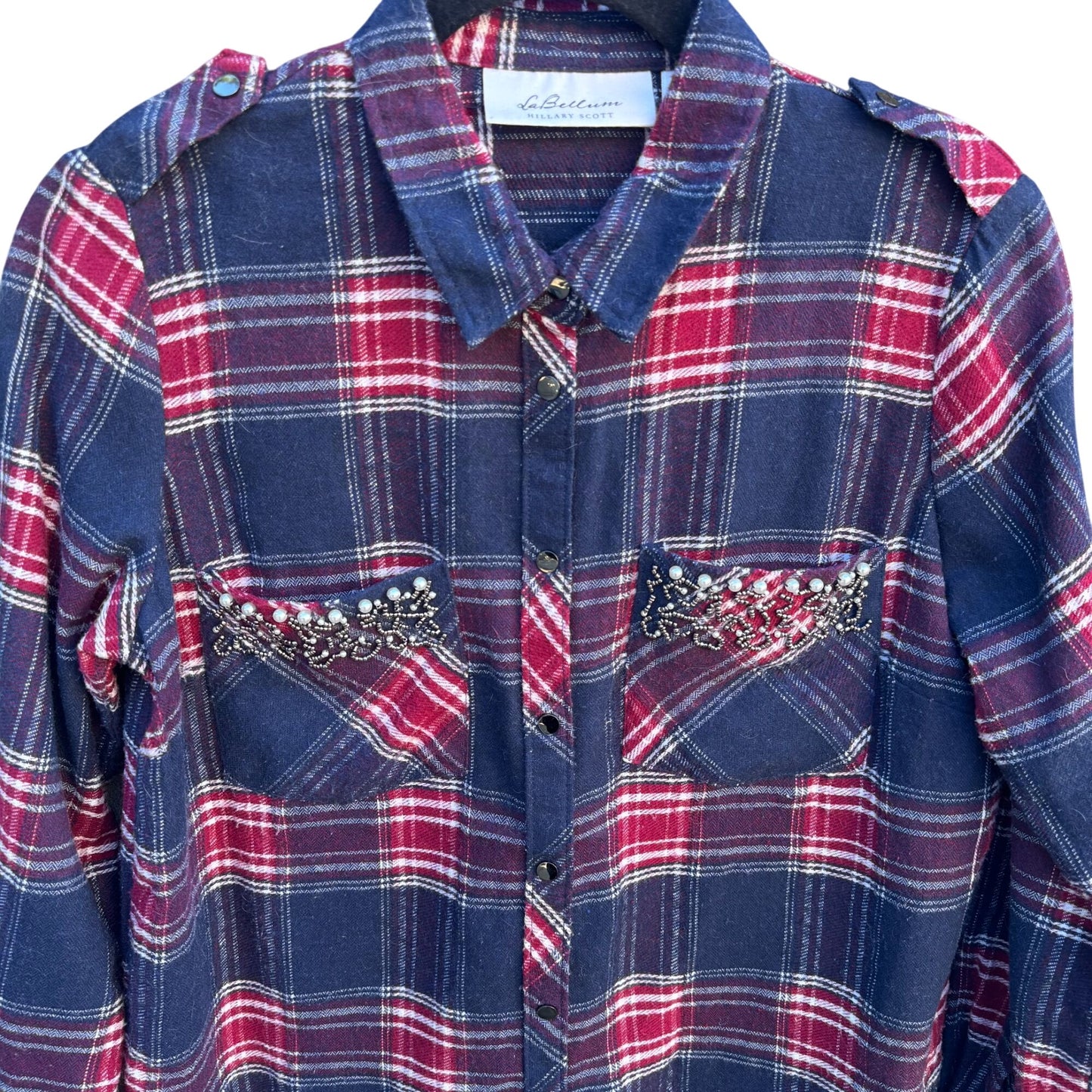 LaBellum Hillary Scott Womens Plaid Button Snap Western Rhinestone Pearl Shirt S