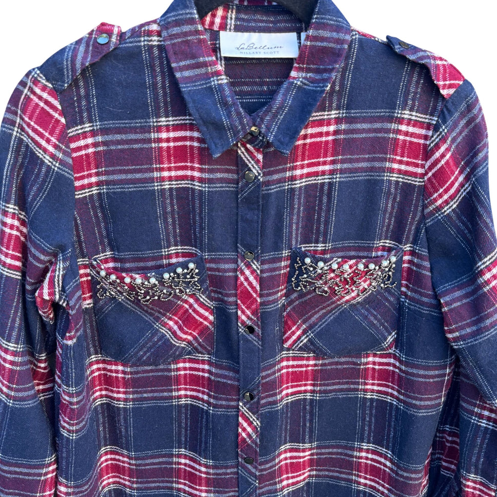 LaBellum Hillary Scott Womens Plaid Button Snap Western Rhinestone Pearl Shirt S