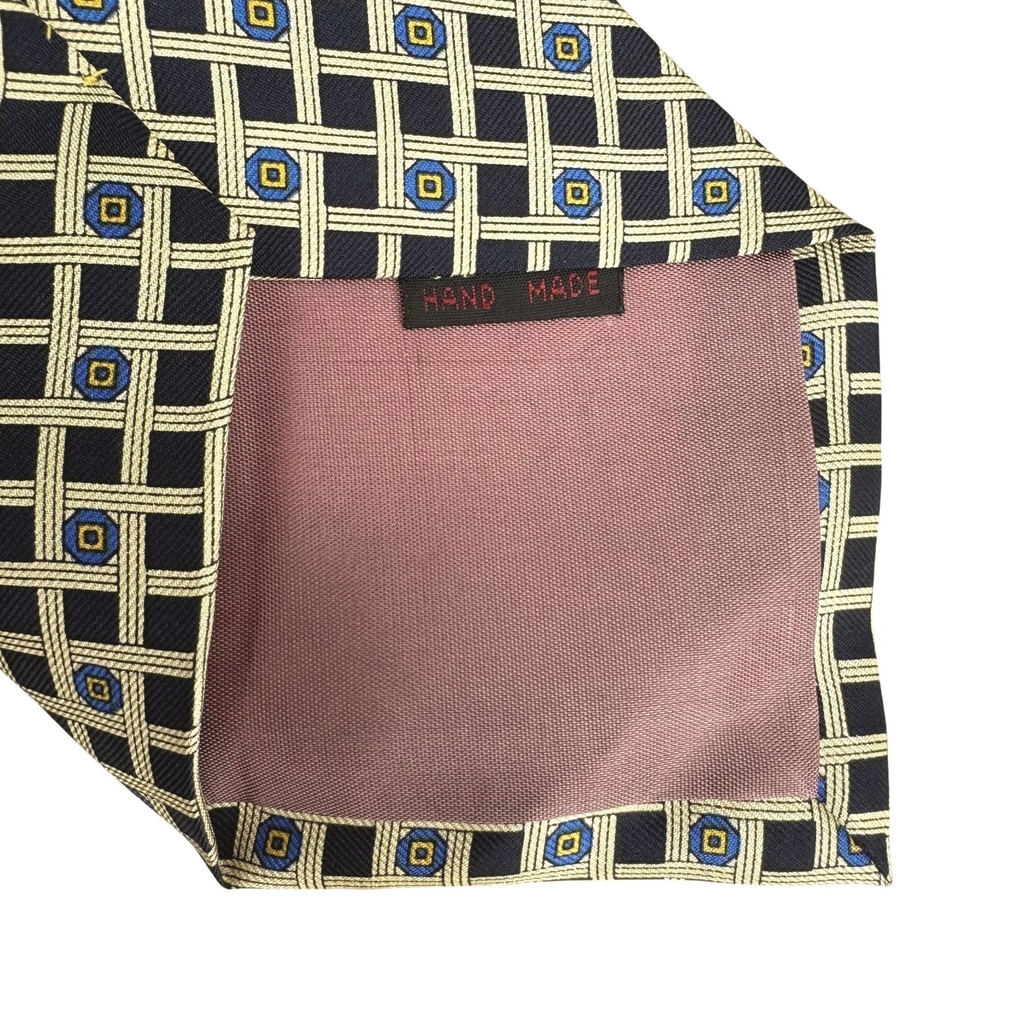 Handmade Vintage 100% Silk Geometric Pattern Navy Gold Preppy Formal Tie Necktie