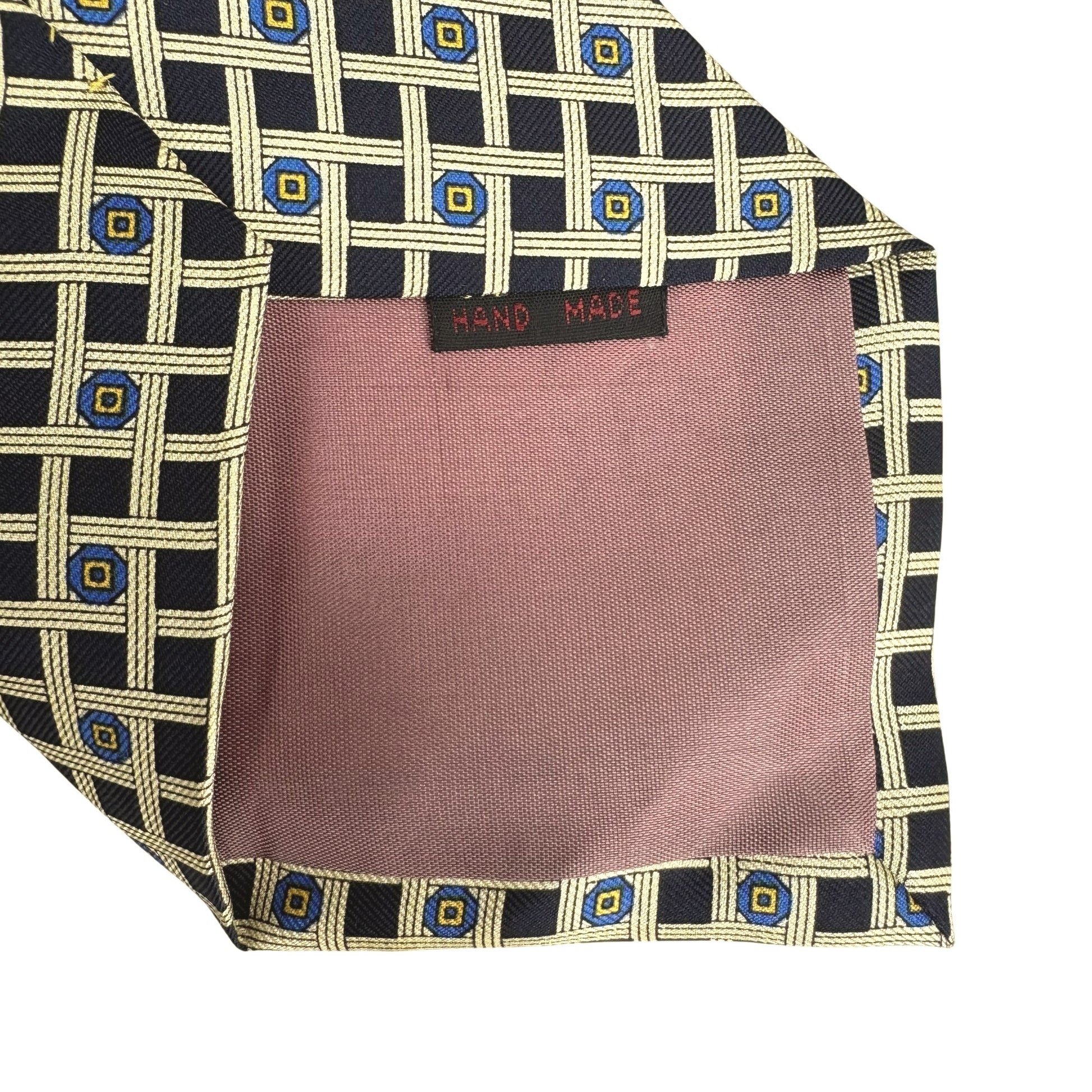 Handmade Vintage 100% Silk Geometric Pattern Navy Gold Preppy Formal Tie Necktie