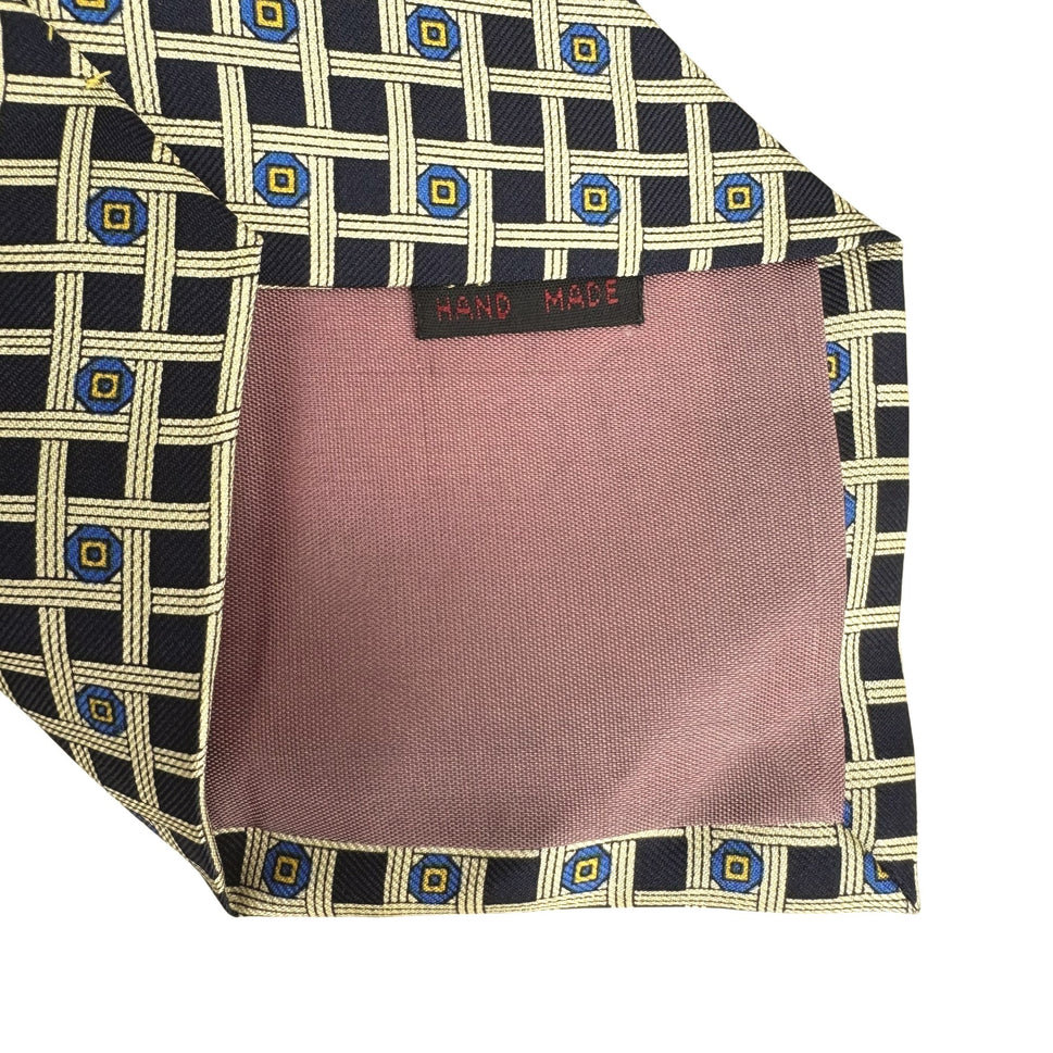 Handmade Vintage 100% Silk Geometric Pattern Navy Gold Preppy Formal Tie Necktie