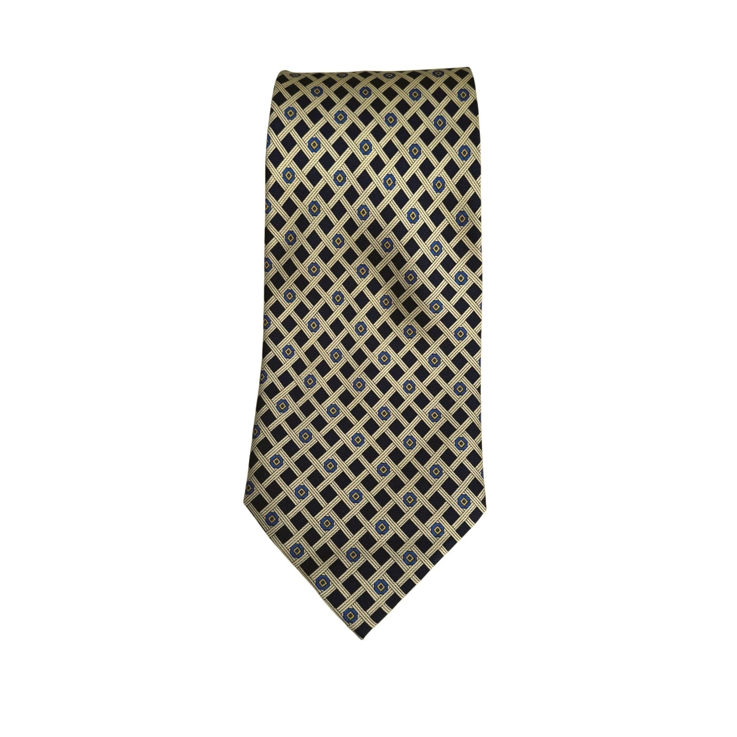 Handmade Vintage 100% Silk Geometric Pattern Navy Gold Preppy Formal Tie Necktie