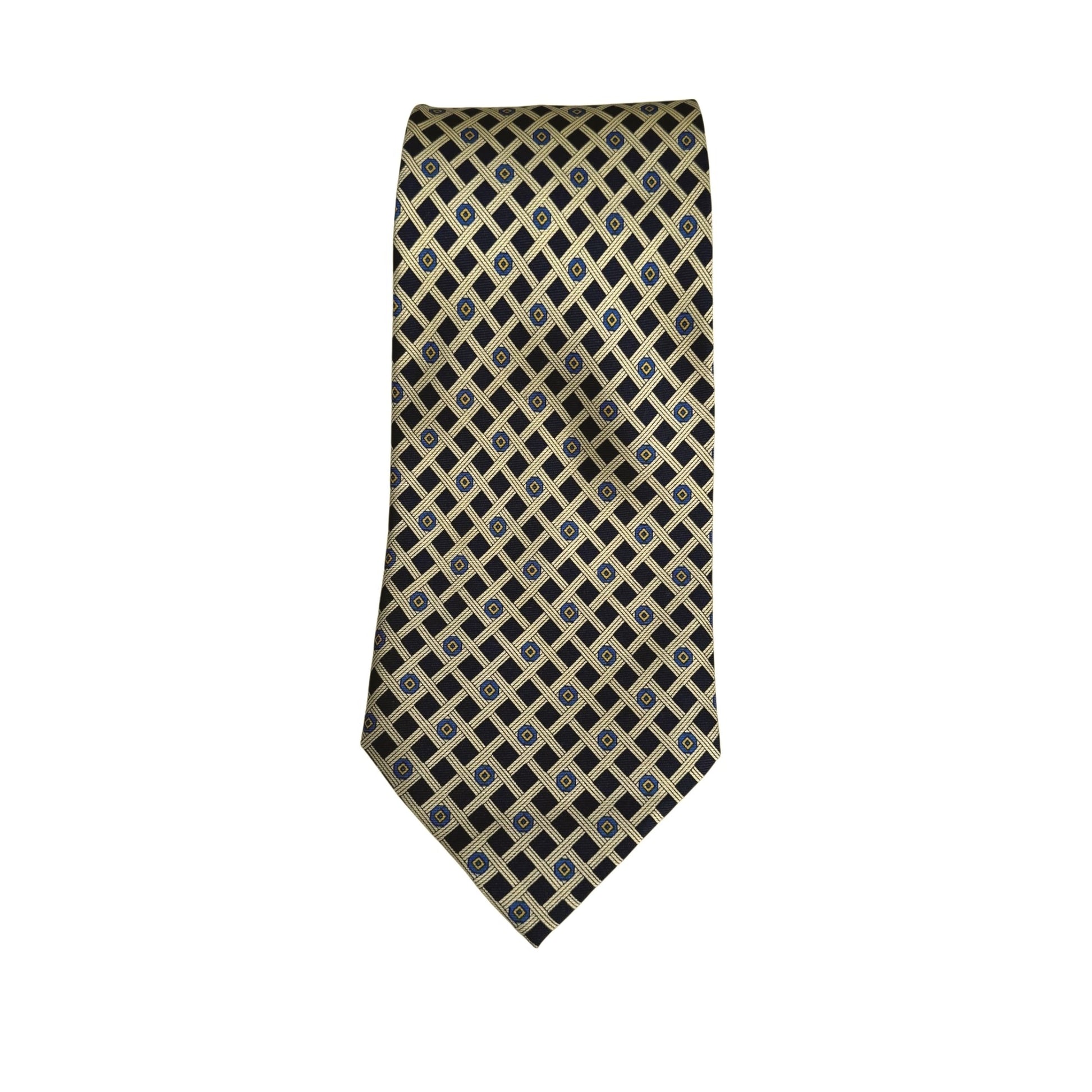 Handmade Vintage 100% Silk Geometric Pattern Navy Gold Preppy Formal Tie Necktie