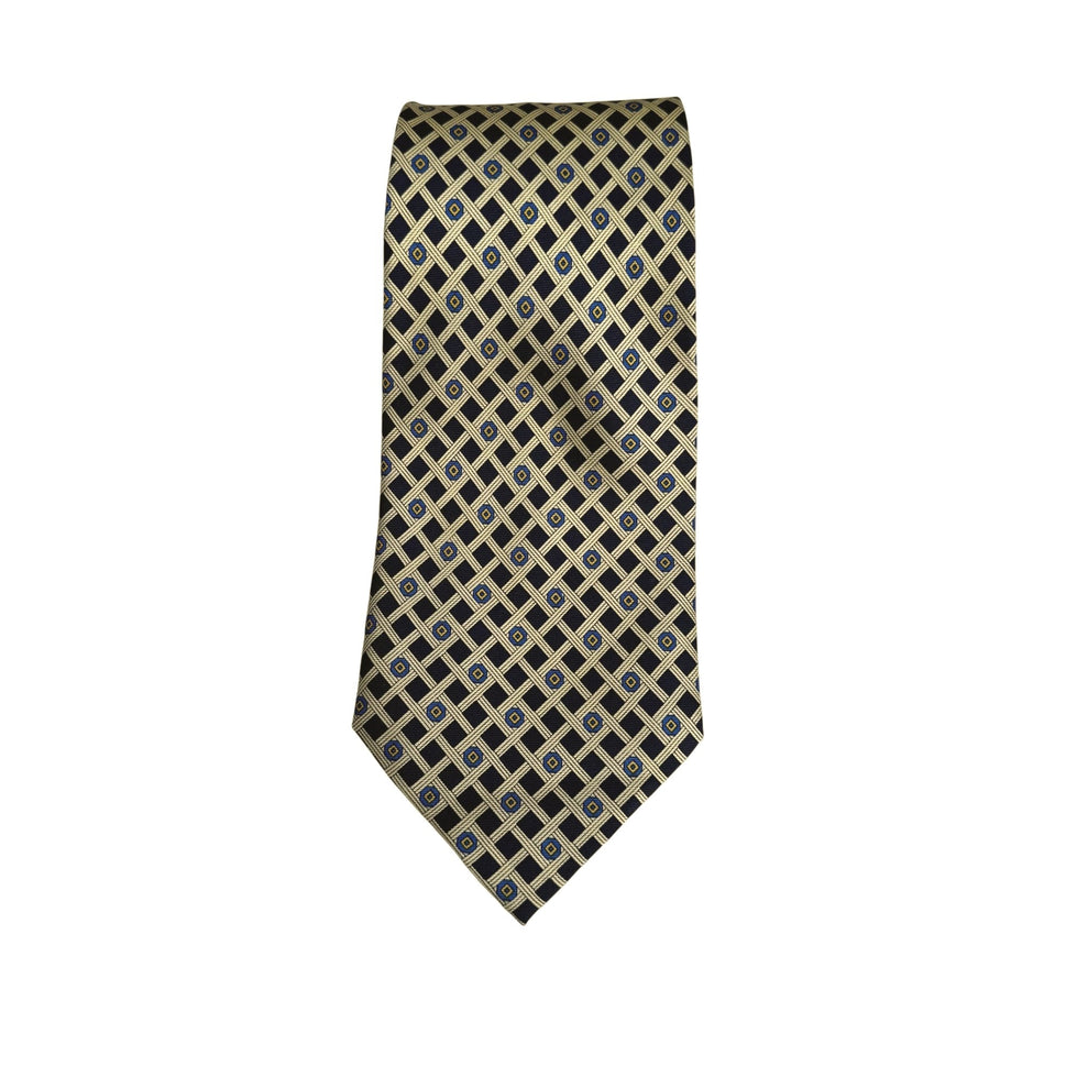 Handmade Vintage 100% Silk Geometric Pattern Navy Gold Preppy Formal Tie Necktie