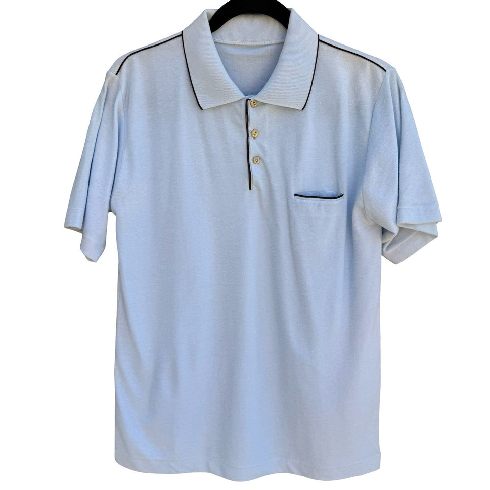 Vintage 60s 70s Pale Blue French Terry Knit Polo Shirt Retro Mod Mens L Grandpa