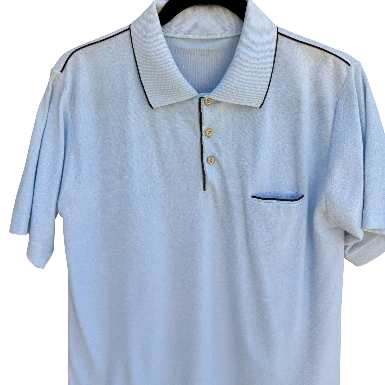 Vintage 60s 70s Pale Blue French Terry Knit Polo Shirt Retro Mod Mens L Grandpa