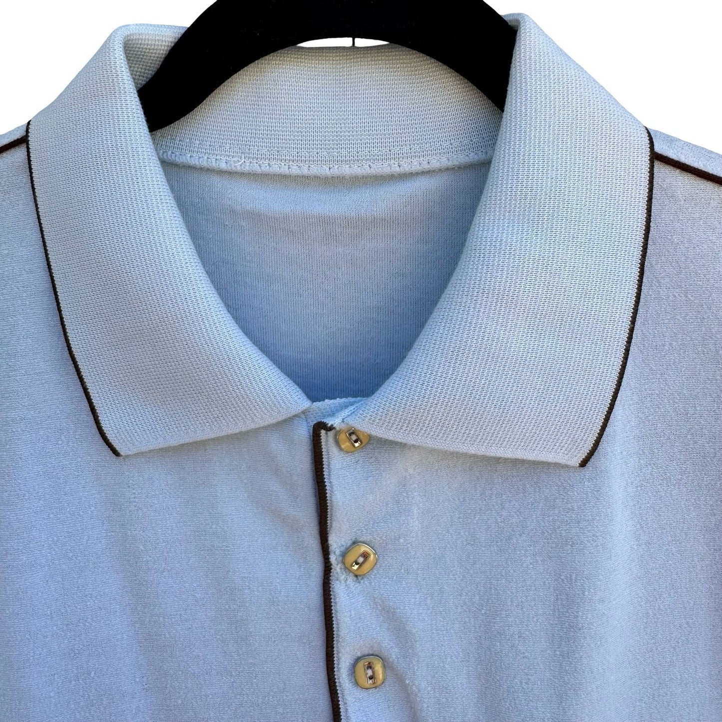 Vintage 60s 70s Pale Blue French Terry Knit Polo Shirt Retro Mod Mens L Grandpa