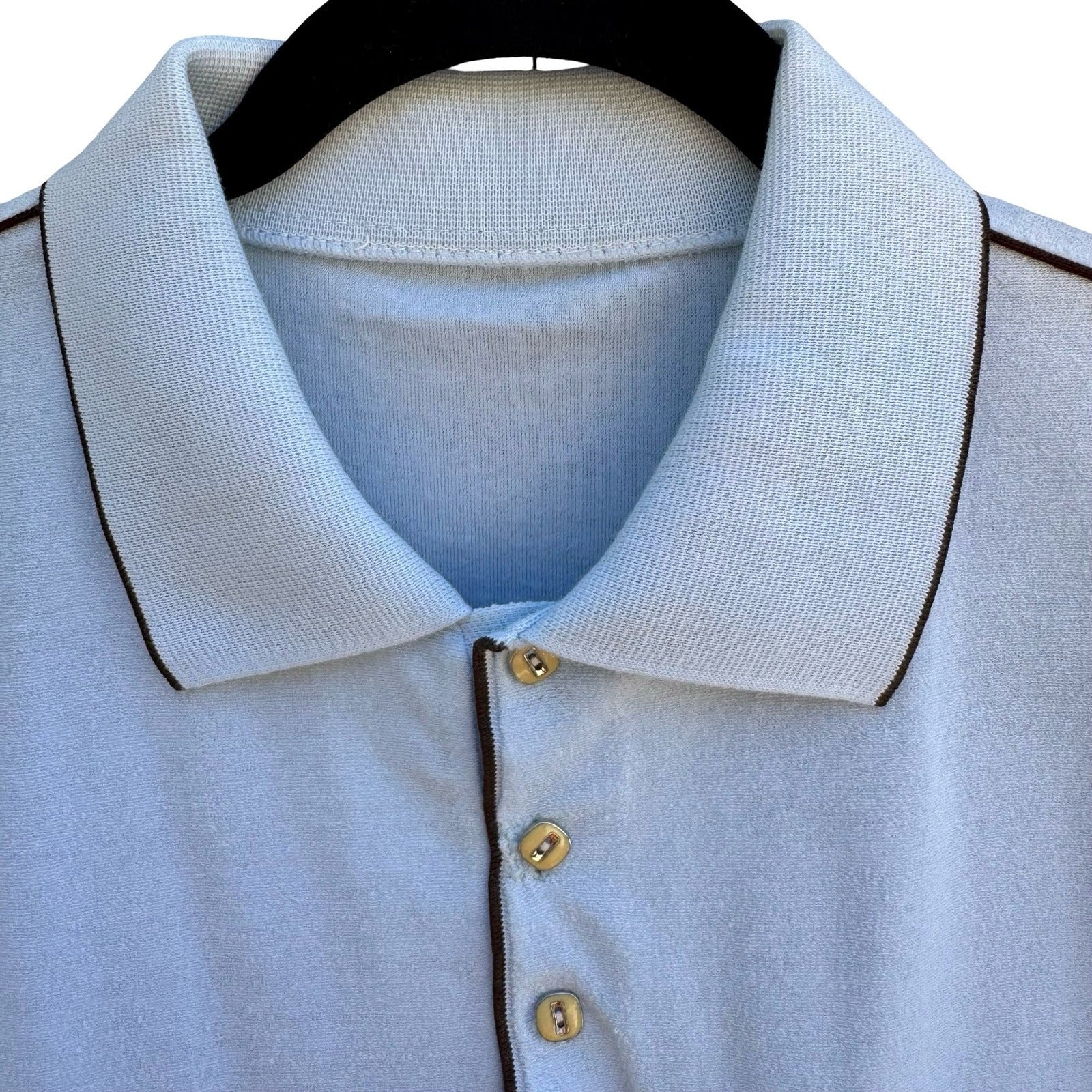 Vintage 60s 70s Pale Blue French Terry Knit Polo Shirt Retro Mod Mens L Grandpa
