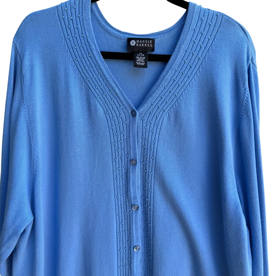 Maggie Barnes Womens Blue Button-Front Knit Beaded Long Sleeve Cardigan Sweater 2X