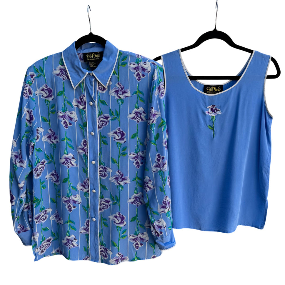 Bob Mackie Wearable Art Vintage Silk Floral Shirt Embroidered Tank Top Set S