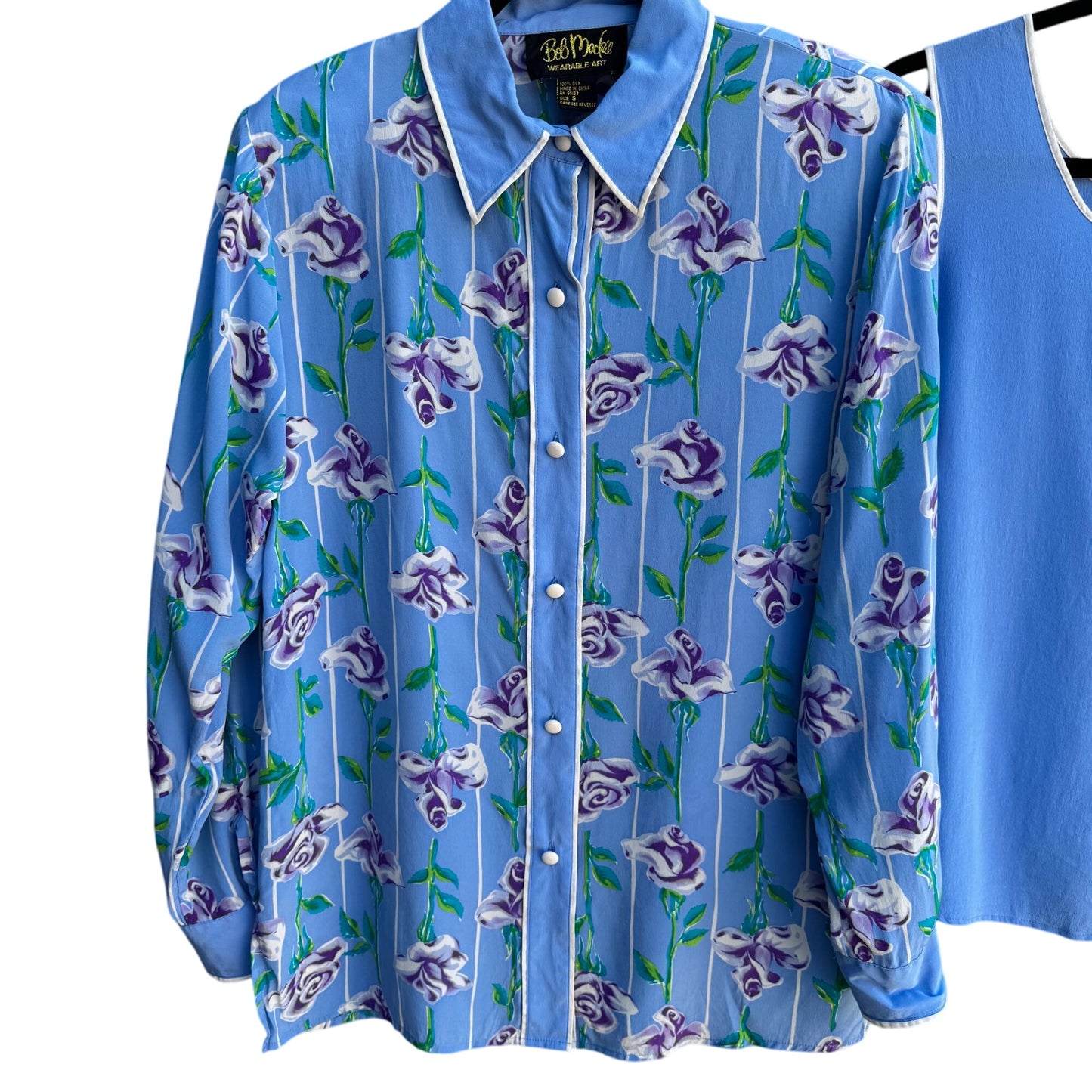 Bob Mackie Wearable Art Vintage Silk Floral Shirt Embroidered Tank Top Set S