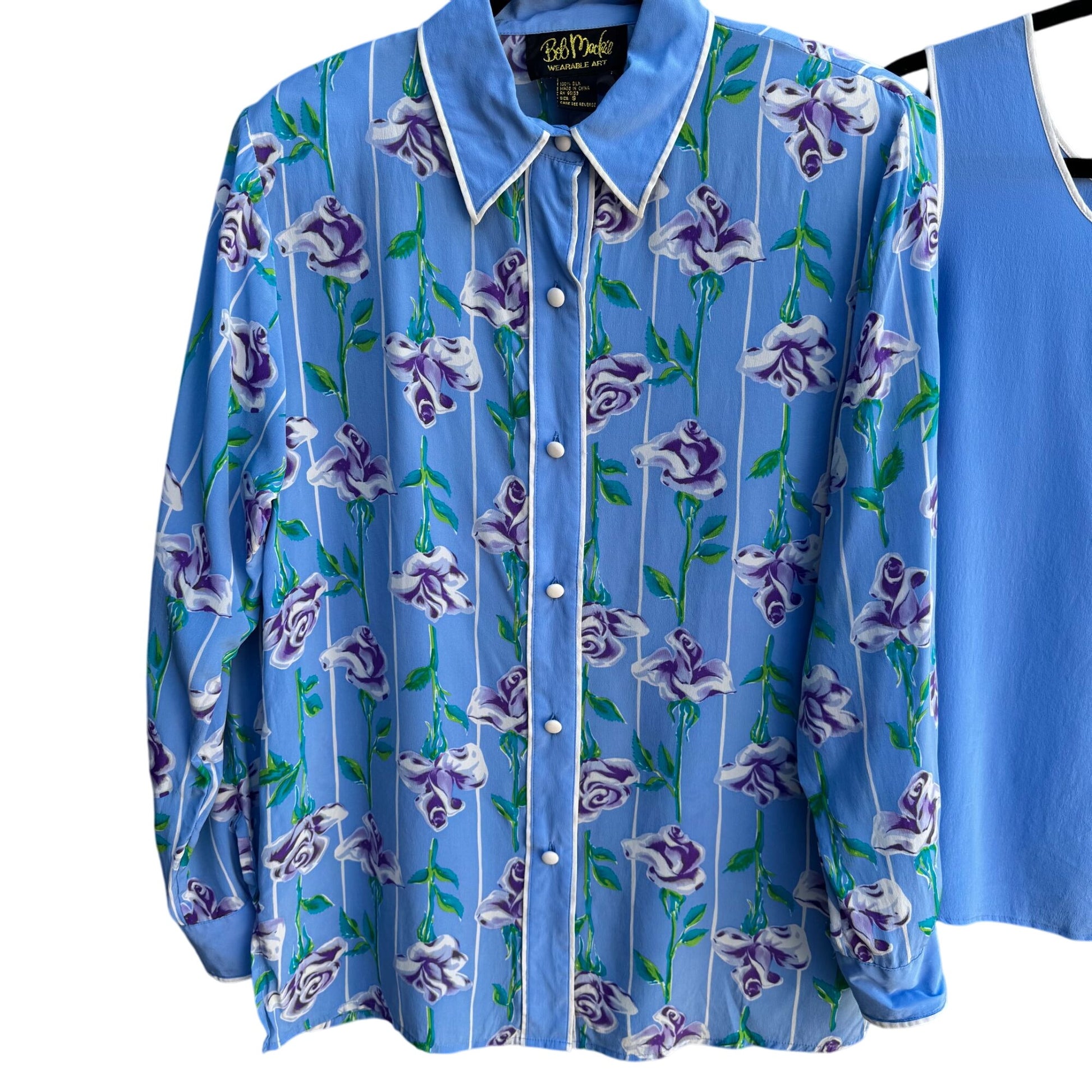 Bob Mackie Wearable Art Vintage Silk Floral Shirt Embroidered Tank Top Set S
