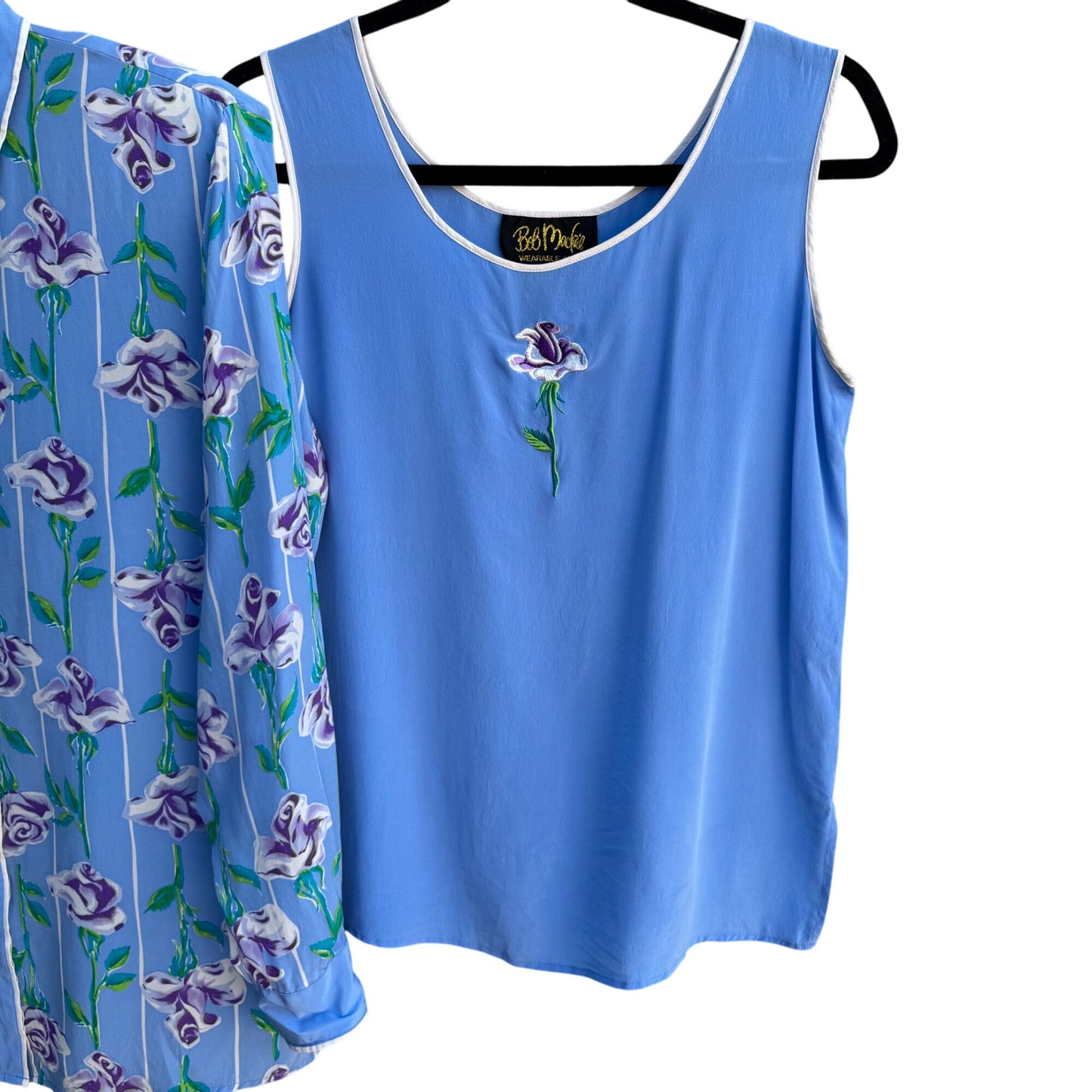 Bob Mackie Wearable Art Vintage Silk Floral Shirt Embroidered Tank Top Set S