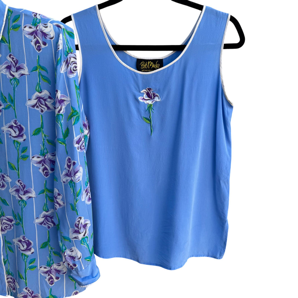 Bob Mackie Wearable Art Vintage Silk Floral Shirt Embroidered Tank Top Set S