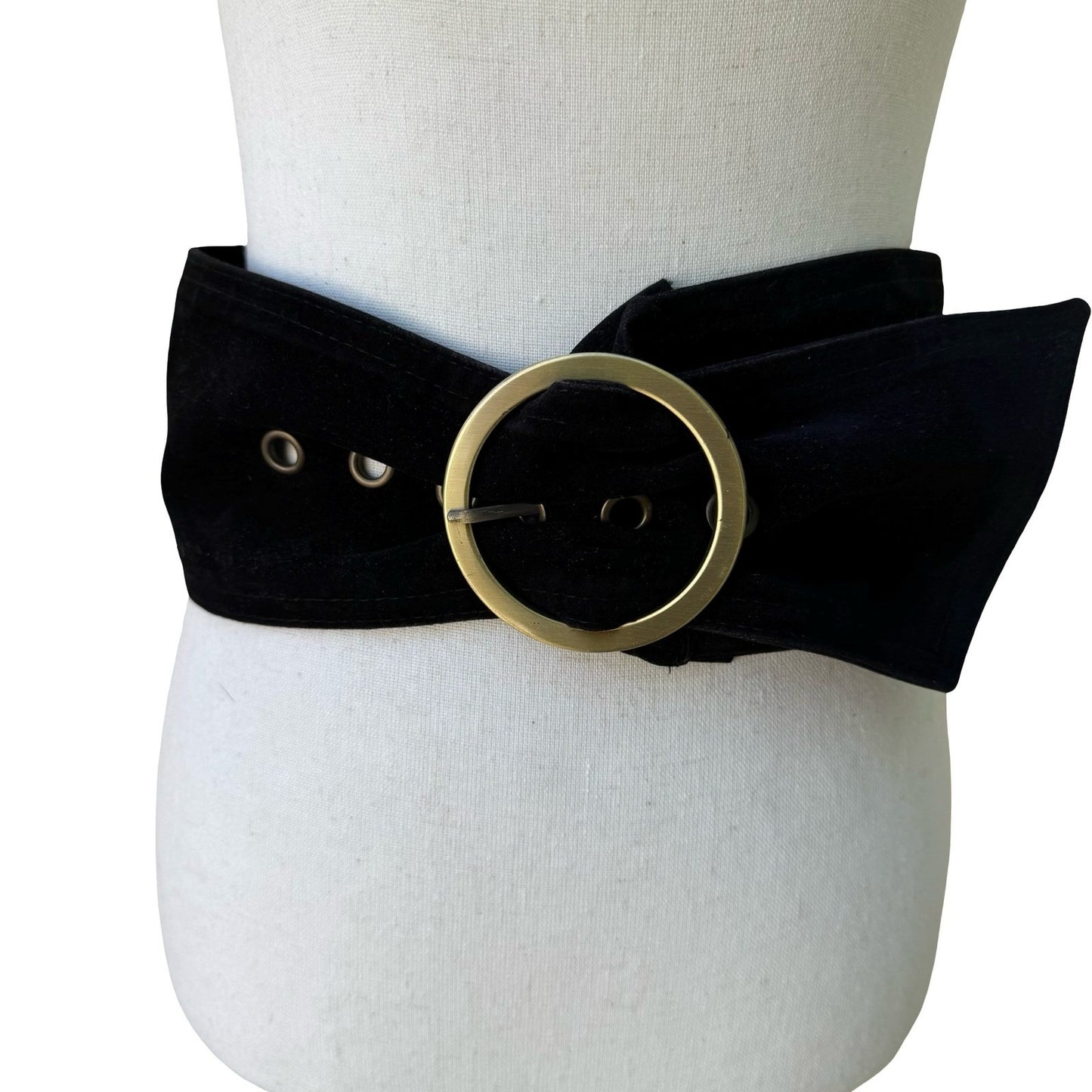 Vintage 90s Y2K Black Velvet Wide Waist Cinch Belt Gold Tone Circle Buckle Wrap