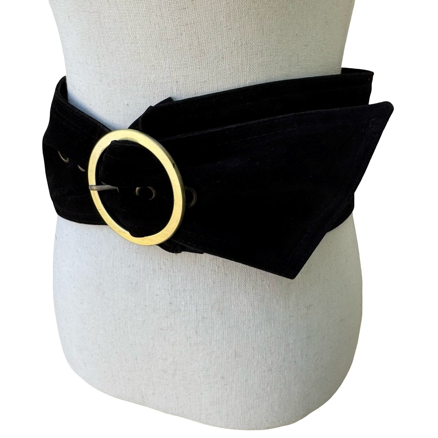 Vintage 90s Y2K Black Velvet Wide Waist Cinch Belt Gold Tone Circle Buckle Wrap