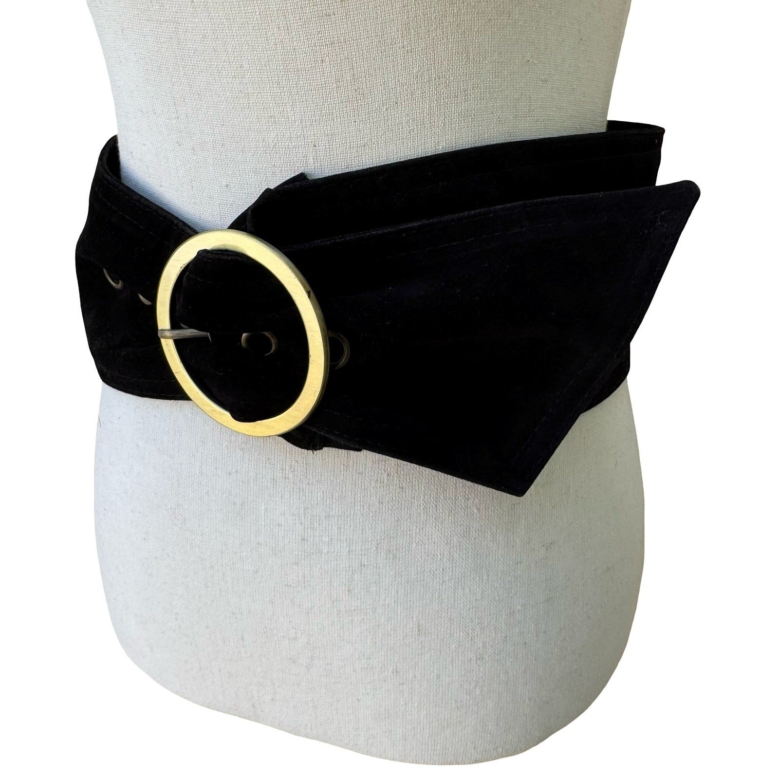 Vintage 90s Y2K Black Velvet Wide Waist Cinch Belt Gold Tone Circle Buckle Wrap